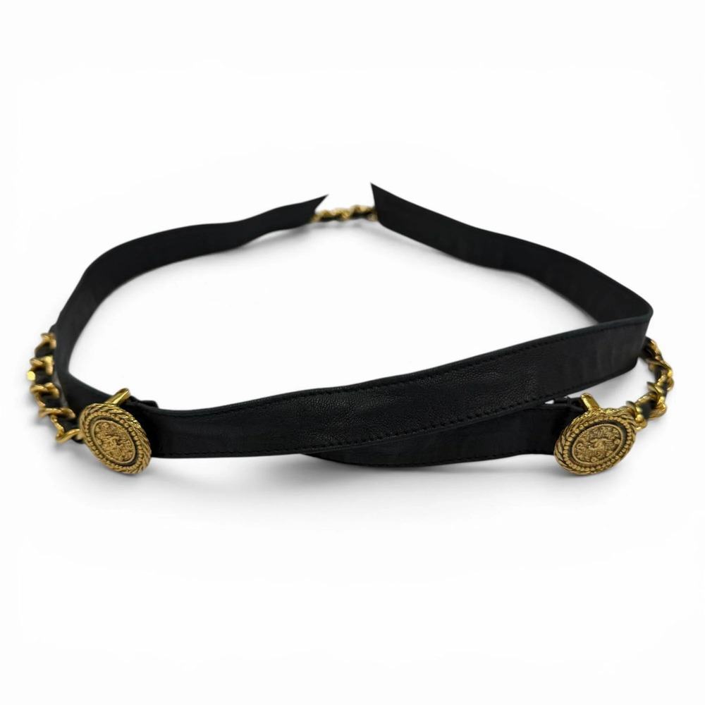 CHANEL Vintage C107 Coco Mark Chain Leather Ribbon Belt, Black with Gold Hard...